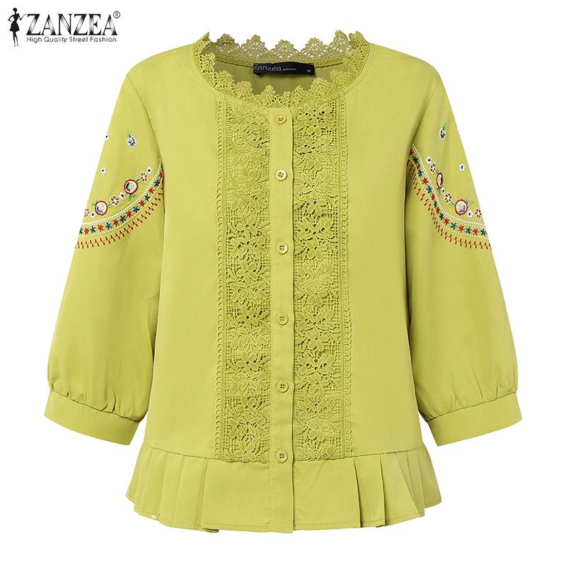 ZANZEA Womens Casual Embroidery Lace Patchwork 3/4 Sleeve Loose Blouse