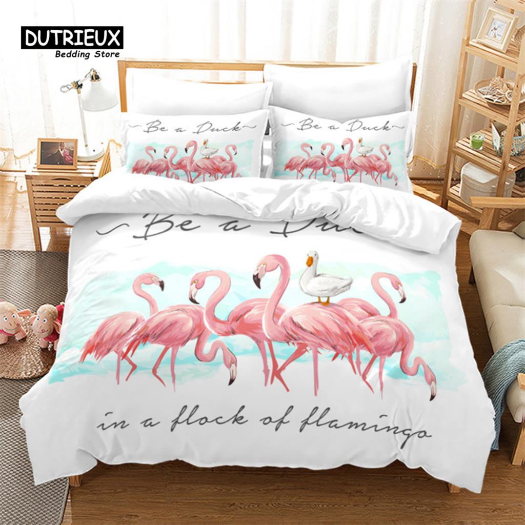 Soft Flamingo 3D Print Bedding Set Fresh Style Cartoon Animals Green Leaves Tropical Fruit Floral Duvet Cover With Pillowcases