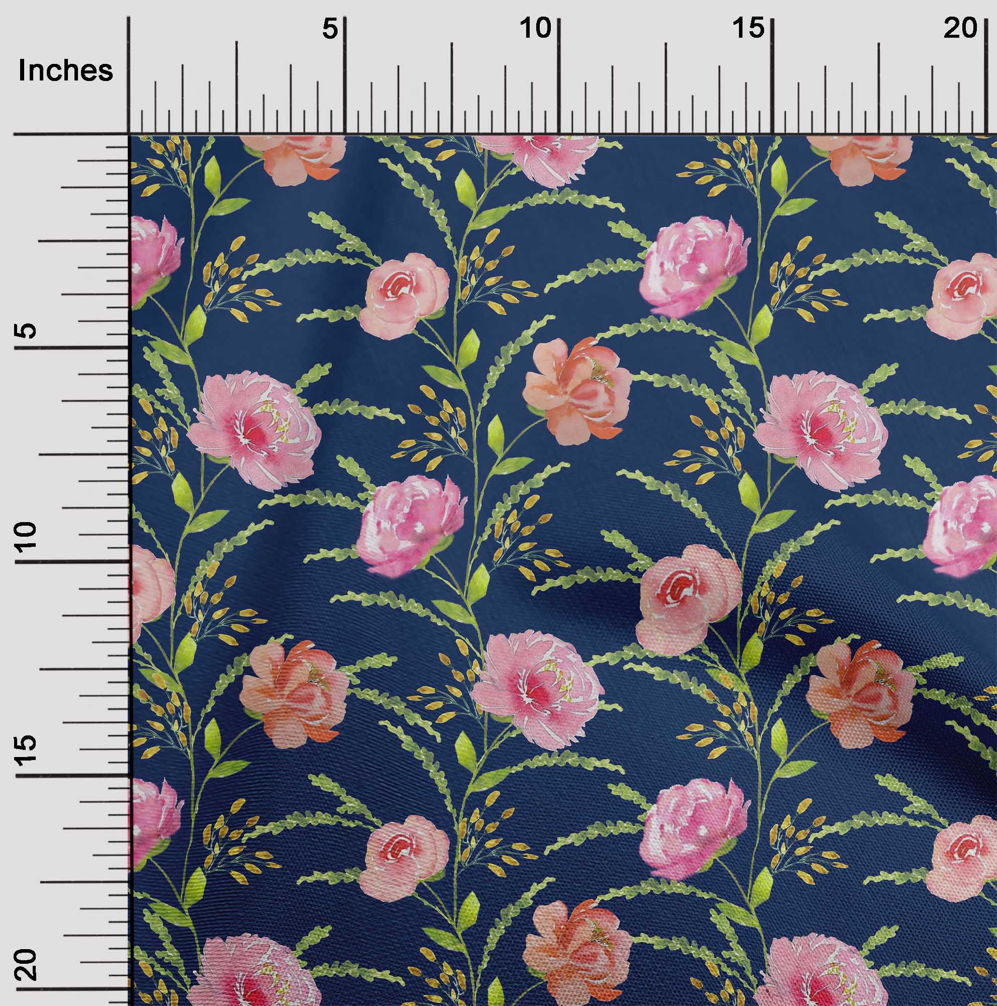 

OneOone Cotton Flex Fabric Watercolor Leaves & Peony Floral Print Швейна тканина BTY 40 дюймів 42 Inch - Viscose Chiffon темно-синього кольору