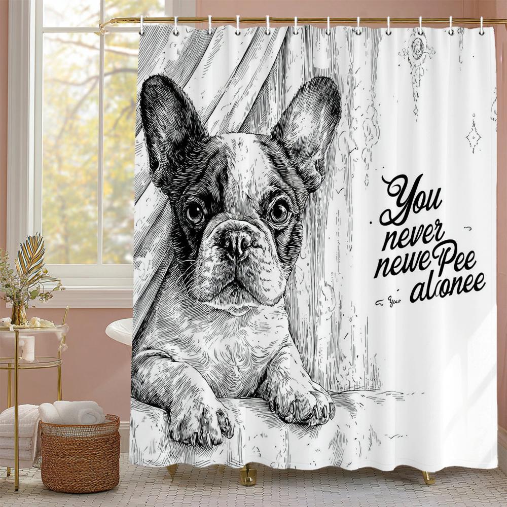 Cartoon Black Dog Shower Curtain, Cute Dog Bathroom Decorative Shower Curtain, Waterproof Shower Curtain with Hooks W90xH180cm