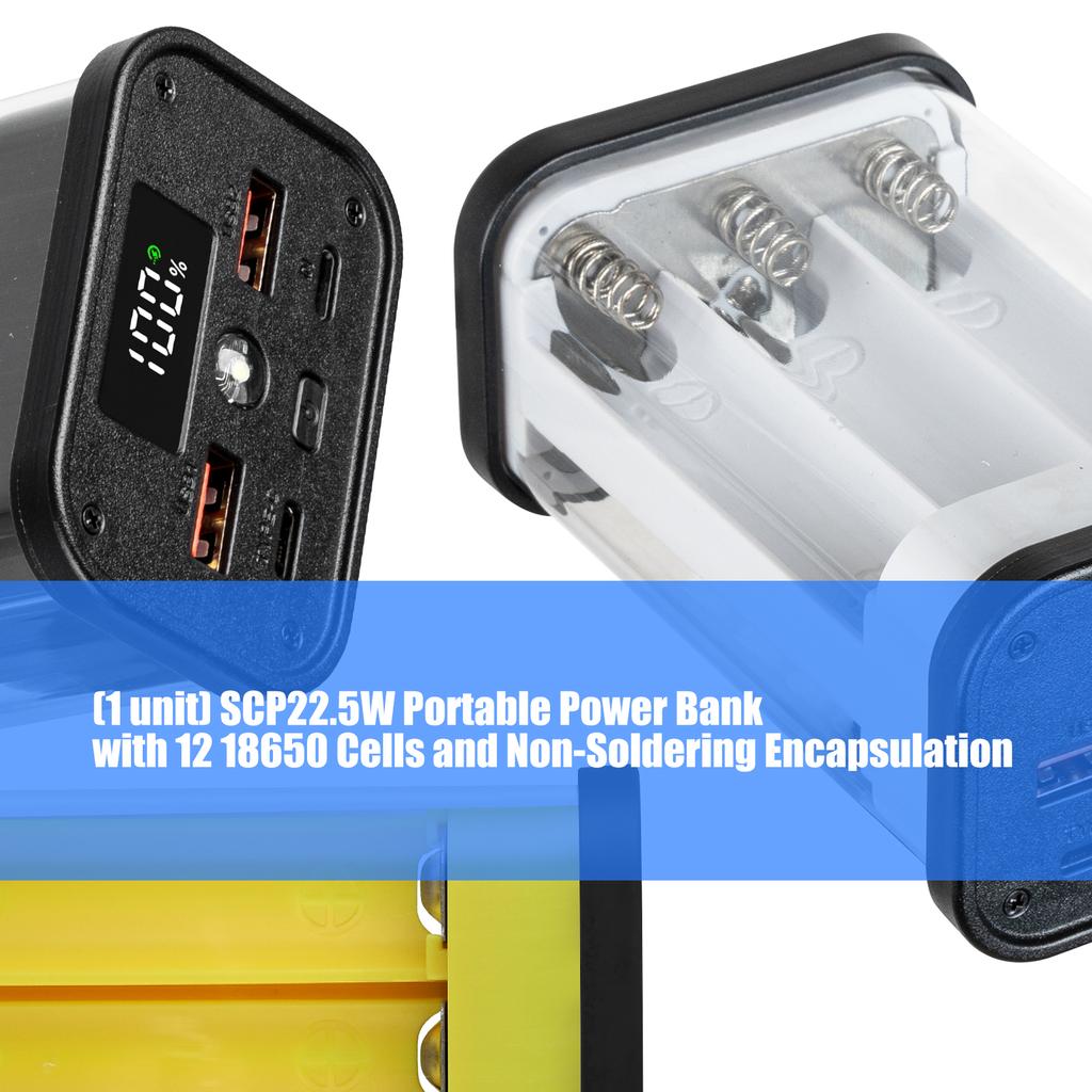 Portable Chargers Case Builts in Safety Features Solderless Structure for 12x18650 Batteries Corrosion Resistant Plastic