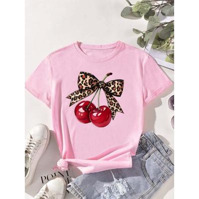 Fashion Cherry Print Women T-Shirt Short Sleeve Crew Neck Casual Tops for Summer Spring Women's Clothing Tops Tees