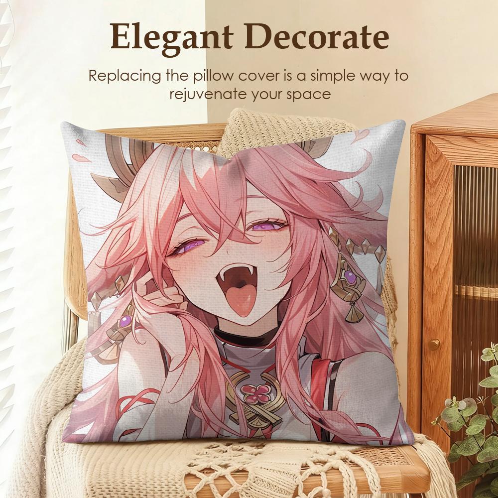 Yae Miko Genshin Impact Cushion Cover Natural Linen Organic Fabric DoubleSided Printing Sofa Home Decor Gift Pillow Case