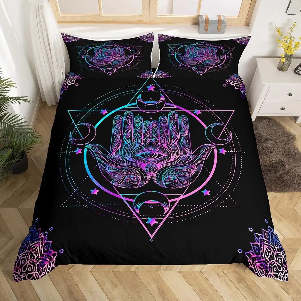 Hamsa Hand Bedding Sets Boho Hamsa Eyes Comforter Cover Exotic Bohemian Duvet Cover Set for Kids Boys Girls Trippy Art Bedspread
