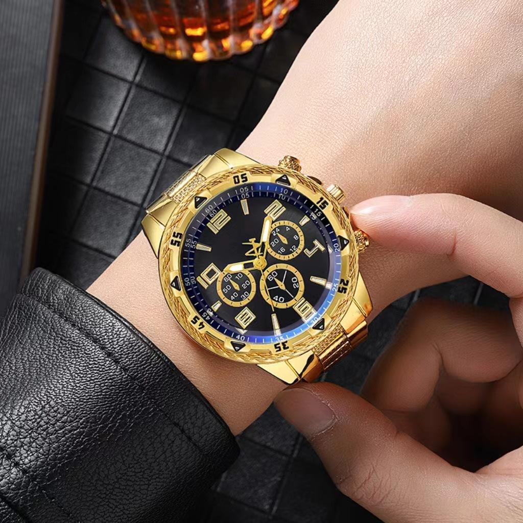 Men'S Watch Steel Belt Quartz Watch False Three-Eye Blue Light Large Dial Business Fashion Men'S Watch