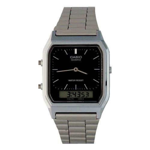 

[P] CASIO AQ-230A-1D/AQ230A-1D Аналогово-цифровые часы с металлическим ремешком, серебристый корпус, черный циферблат, унисекс
