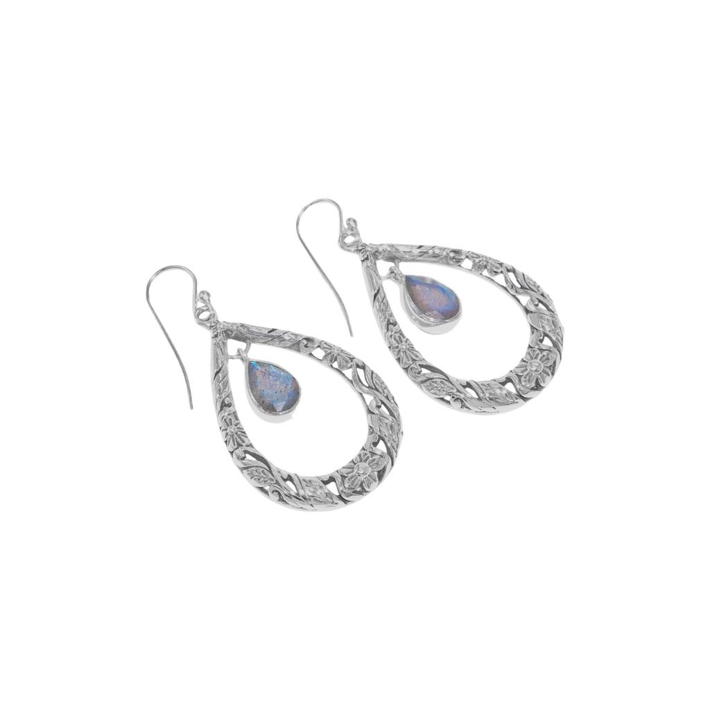 Teardrop Labradorite Earrings: Sterling Silver Floral Design