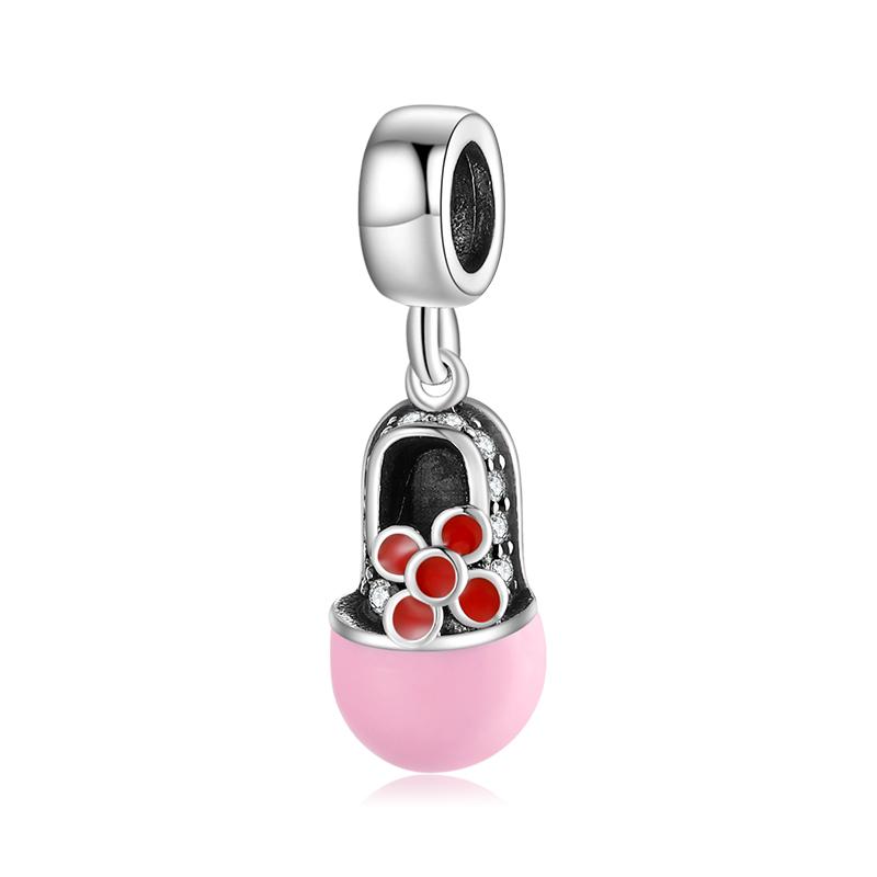 Real 925 Sterling Silver Pretty Dance Shoe Enamel Pink Pendants Fit Bracelet Beads Fashion Jewelry Accessories Wholesale Jewelry