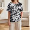 Women’s Printed Short Sleeve Henley Neck Shirt with Front Pocket Cotton Linen Material Relaxed Fit Casual Top