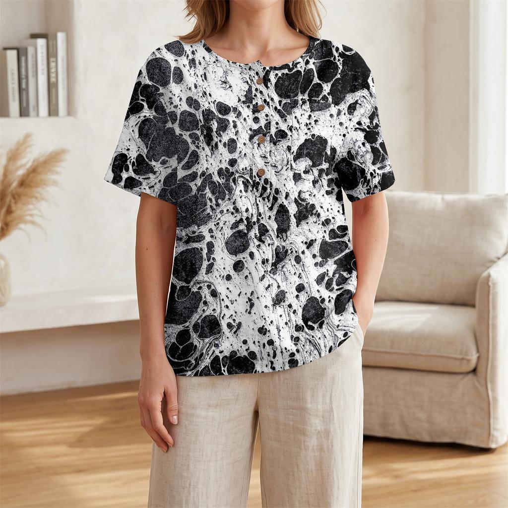 Women’s Printed Short Sleeve Henley Neck Shirt with Front Pocket Cotton Linen Material Relaxed Fit Casual Top