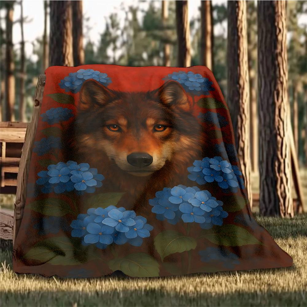 1pc Wolf Blue Flowers Throw Blanket Polyester Fiber, Lightweight Flannel, Soft & Warm, All Season Use for Outdoor, Camping Digital Print