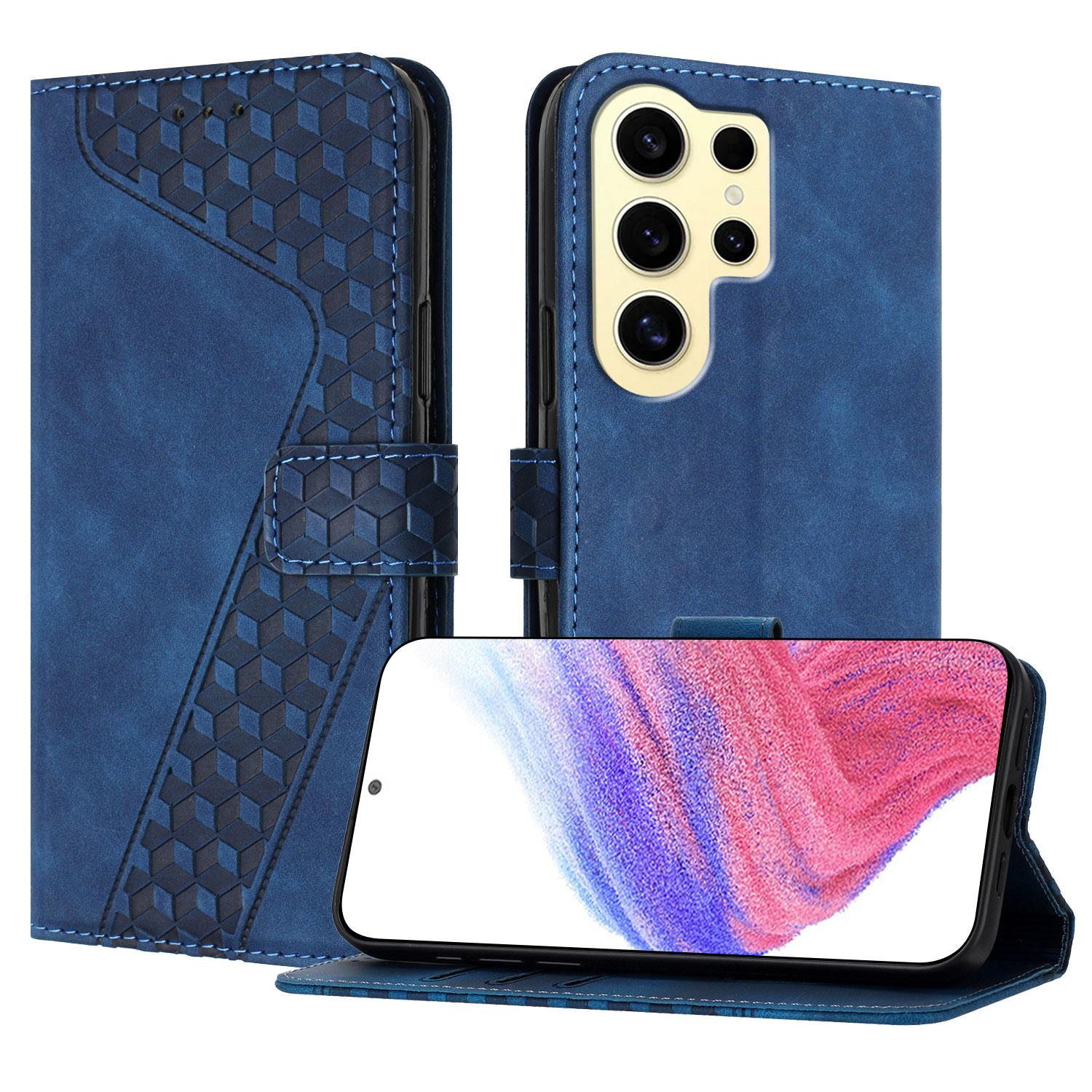 

For Samsung Galaxy S24 Ultra Leather Case 7-Shaped Pattern Wallet Stand Shockproof Phone Cover Blue
