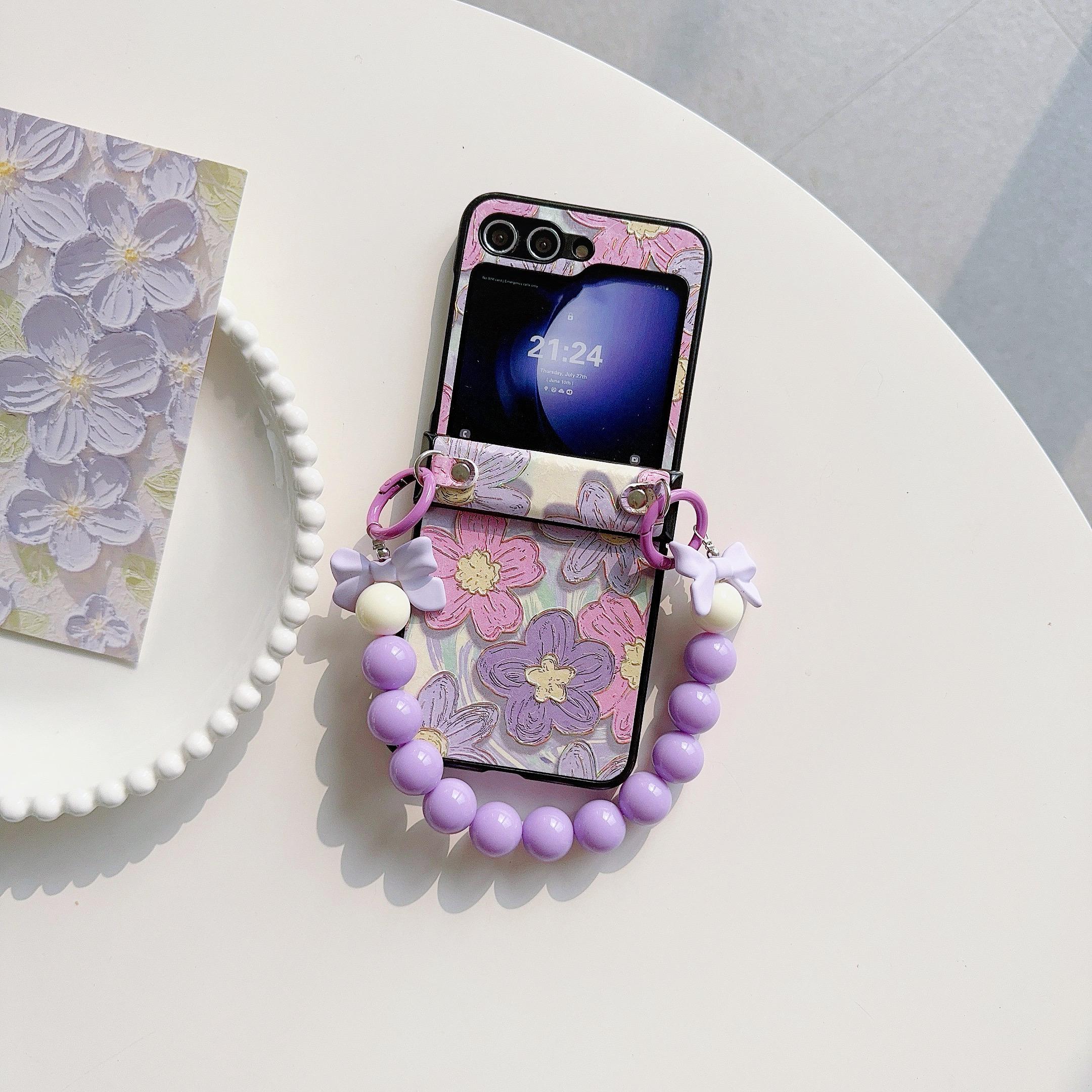 

For Samsung Galaxy Z Flip5 5G Case Hinge Design Lacquered Pattern PU Leather+PC Phone Cover with Bead Chain Purple Flower