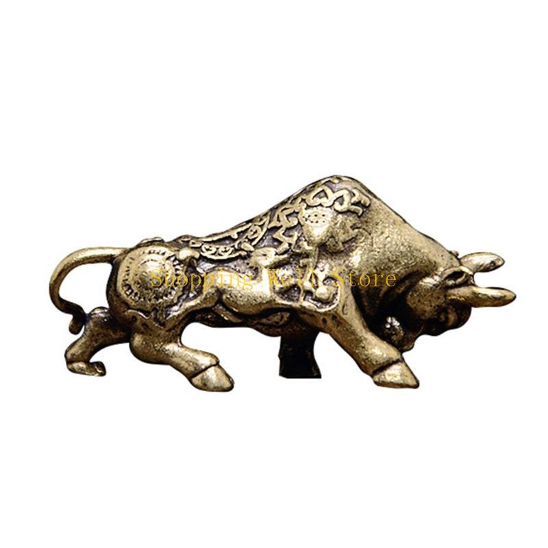 KX4B Brass Ox Statue Fengshui Bullfighting Miniature Figurine Chain Hanging Charm CN