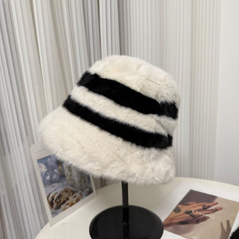 Women S Faux Fur Wide Brim Striped Bucket Hat Winter Warm Hat