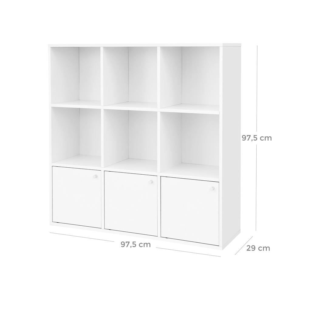 VASAGLE Drewniana Biblioteczka z Przechowywaniem, Wolnostojąca Półka Ekspozycyjna, Regał na DVD Książki, z 3 Dolnymi Szafkami, Biały