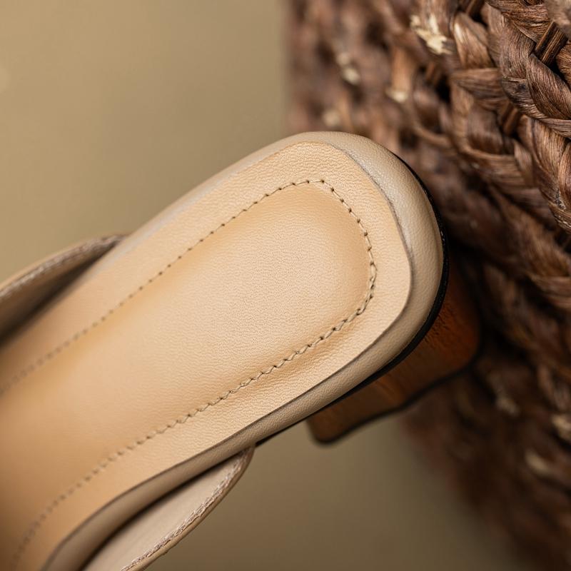 Fashion Women's New Leather, Cowhide, Metal Accessories, Mid Heel, Large Toe, Mueller Slippers, Breathable Perforated Shoes