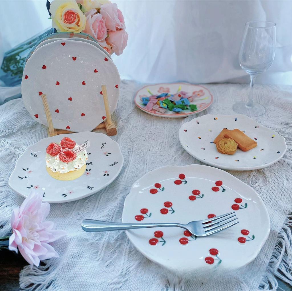 Korean Ins Style Handmade Ceramic Plate Irregular Floral Cake Dessert Dish