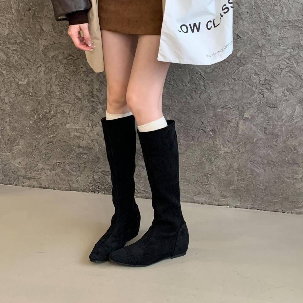 2025 new autumn suede round head inner slope heel thin but knee knight tall women's boots