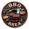 Vintage BBQ Area Round Metal Tin Sign Grilled Steak Vegetables Flame Pattern Retro Wall Decor for Backyard Patio Bar