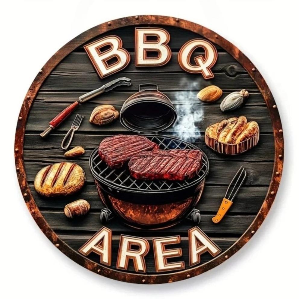 Vintage BBQ Area Round Metal Tin Sign Grilled Steak Vegetables Flame Pattern Retro Wall Decor for Backyard Patio Bar