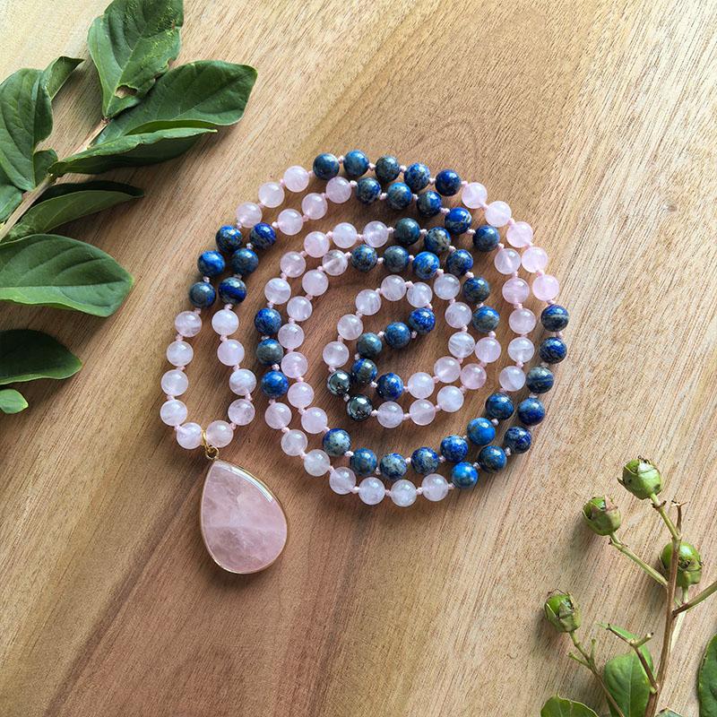 Madagascar Rose Quartz,Lapis Lazuli Mala Necklace with Rose Quartz Pendant,JapaMala,108 Knotted Beads Meditation Mala,Yoga Gift