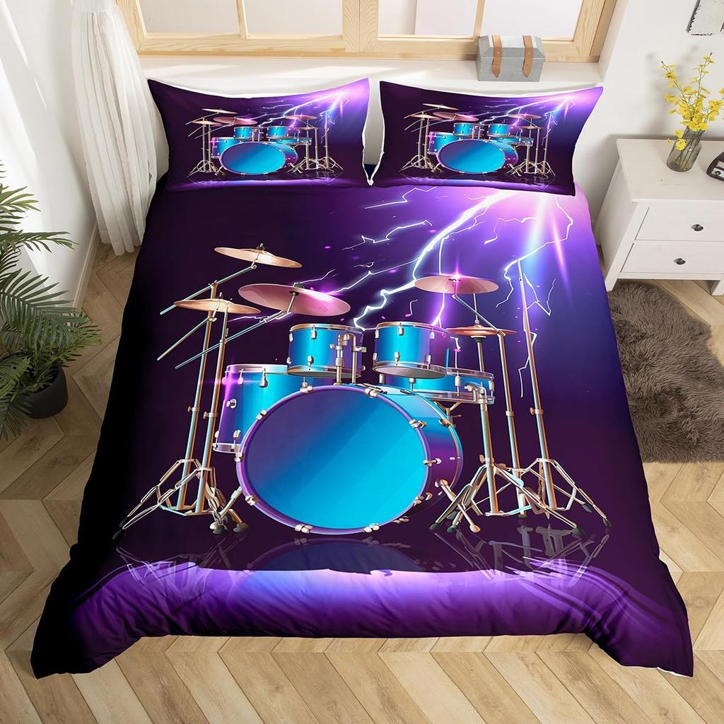 Comforter 3D Drum Kit Queen Microfiber Rock Music Theme Classic Musical Instrument Comforter Hip Hop Grunge Bedding Set