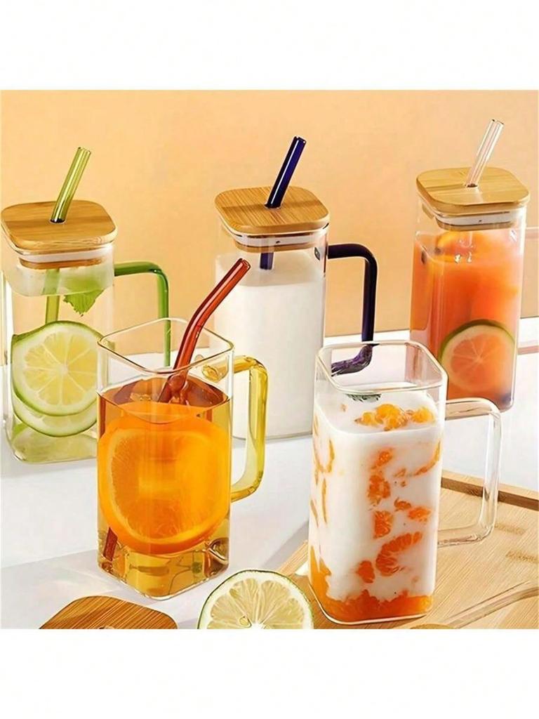 1 pc Bamboo covered straw square glass cup, transparent water cup with handle, iced coffee cup, juice