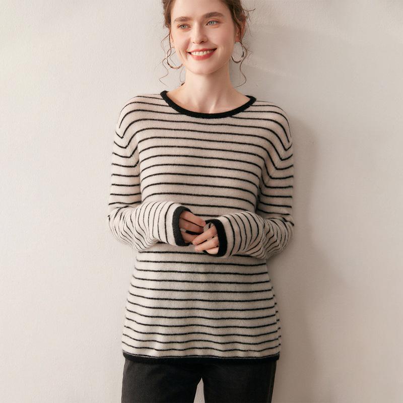 Cashmere Blend Women's Round Neck Color Block Stripe Knitwear: Loose, Elegant, Casual Autumn/Winter Pullover.