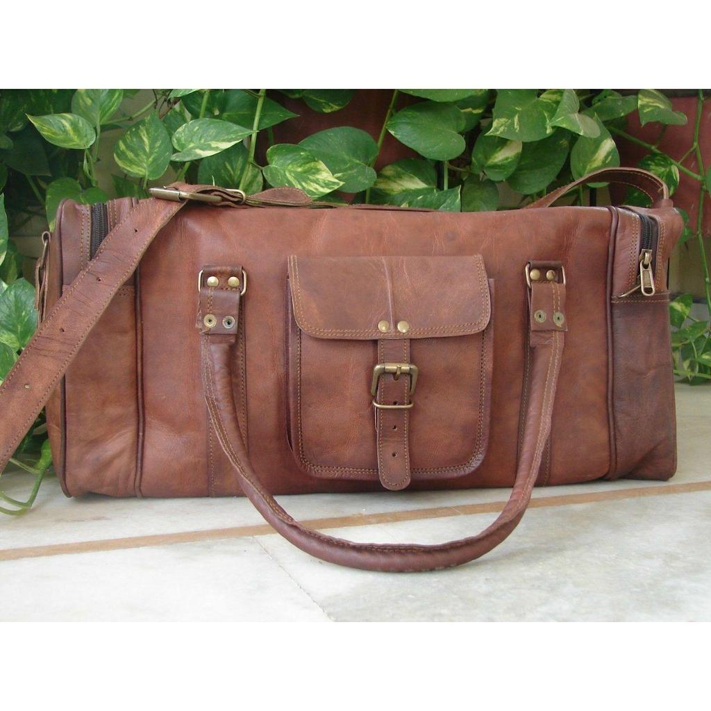Braune Vintage echte Reisegepäck Duffle Sporttaschen für Herren aus braunem Ziegenleder