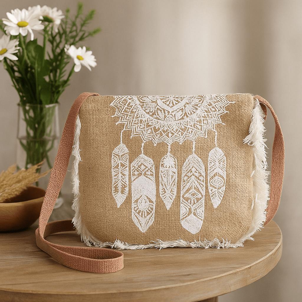 Jute Fringe Bag - Dream Catcher Print