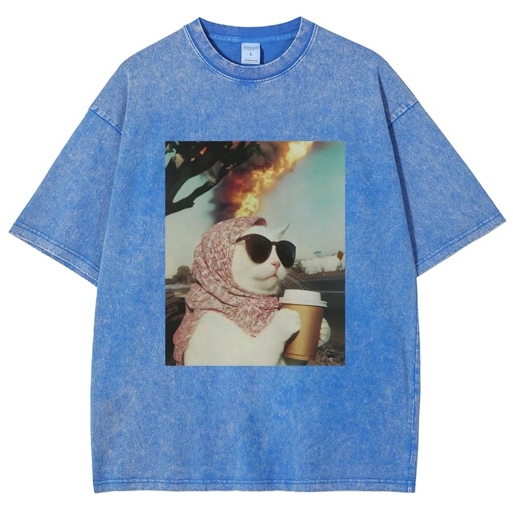 Cool Cat Meme T Shirts Unisex Washed Tees Men Women's Fashion Short Sleeve T-shirts Cotton Oversized T-shirt Streetwear