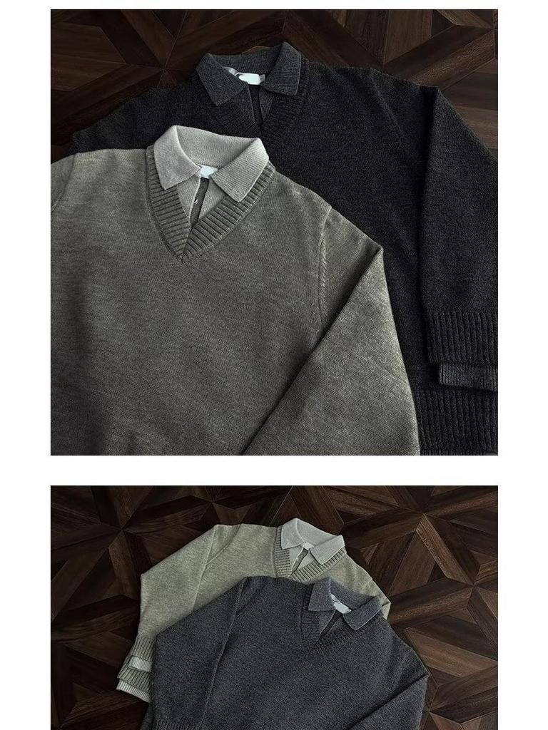 Herren V-Ausschnitt Retro-Stil Strickoberteil - Fake Zweiteiler, Winter Kragen, Lockerer Schnitt