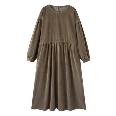 Sweet Puffed Sleeve Dress Khaki Loose Long Sleeve Skirt