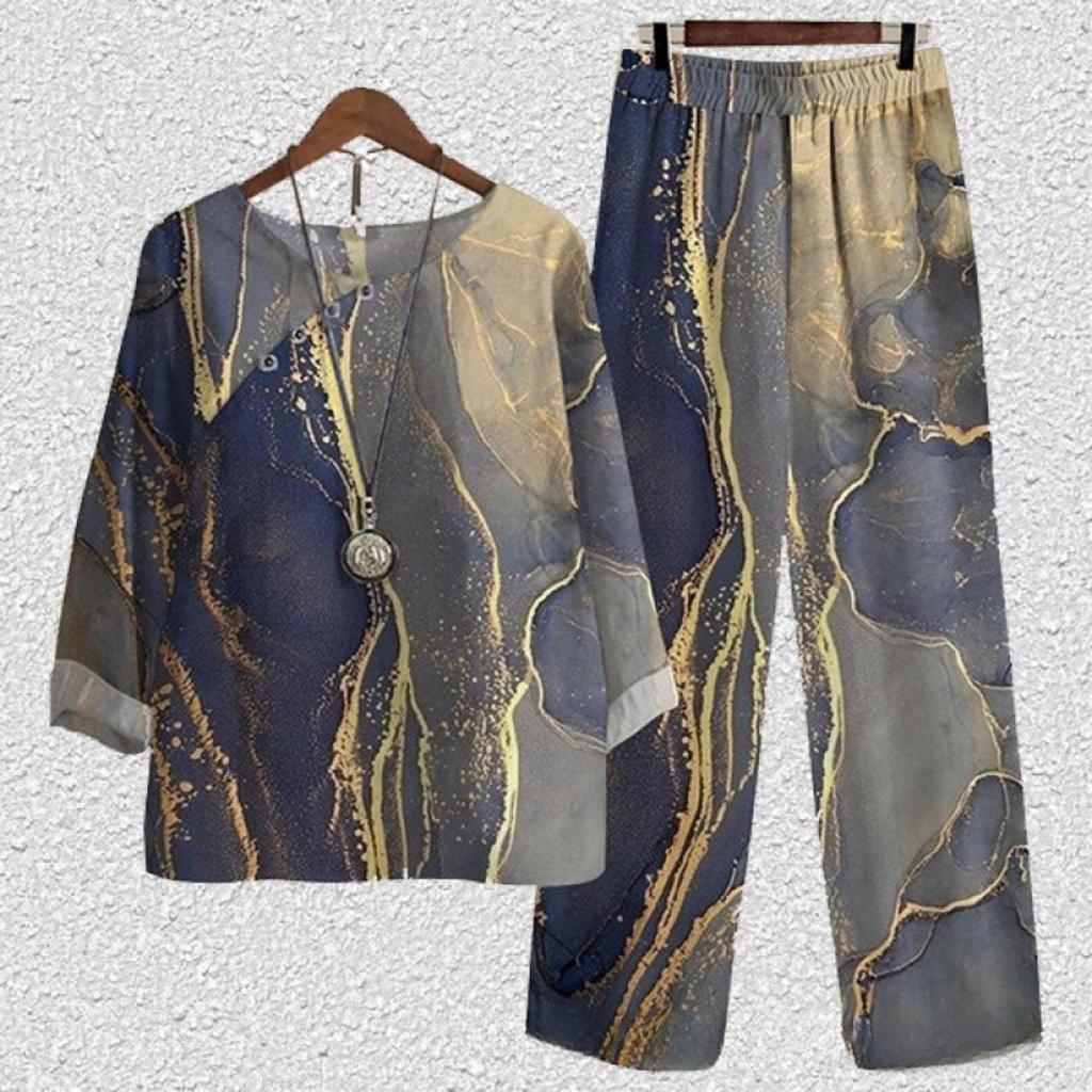 Women's Loose Fit Floral Printed Two Piece Outfit Half Sleeve T-Shirt Elastic Waist Pantsuit