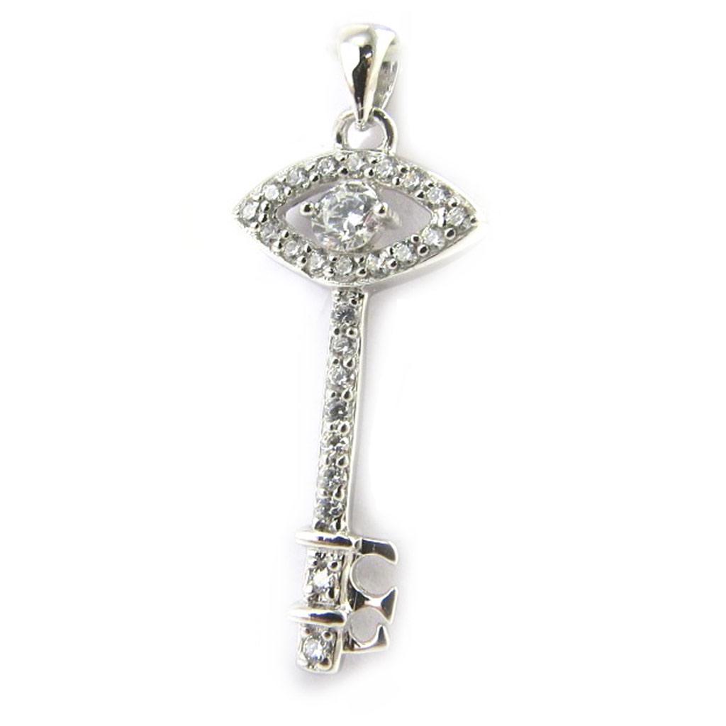Les Trésors De Lily [M6196] - White 'Fatma Key' Silver Pendant - 28x11 Mm