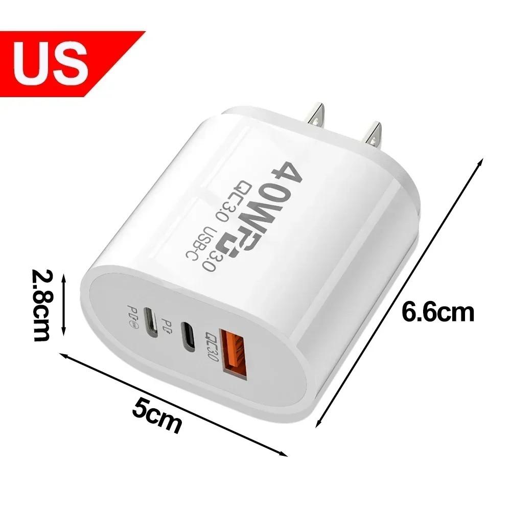 40W 2 PD and 1 QC 3.0 Port Fast Charging Power Adapter USB Type C Wall Charger US/EU Plug For iPhone Samsung Xiaomi Quick Charge