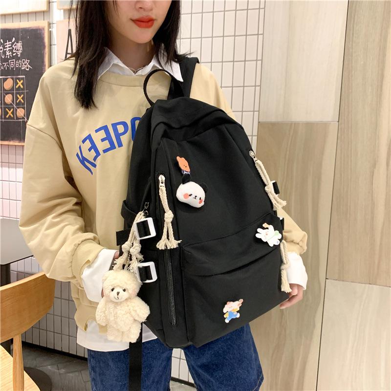 New Backpack with Cute Bear Plush Pendant and Cartoon Pins Large Capacity School Bag for Teen Girls Student Travel