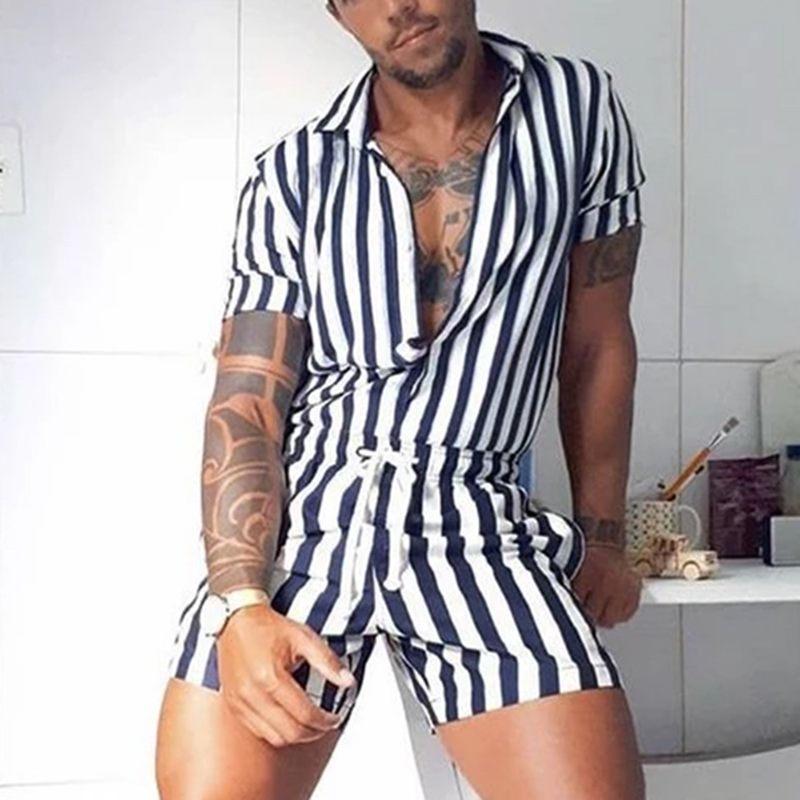 Men's Striped Romper Shorts Fashion Casual Playsuit Short Sleeve Button-down Shorts Lapel Jumpsuit Drawstring Streetwear XS-3XL