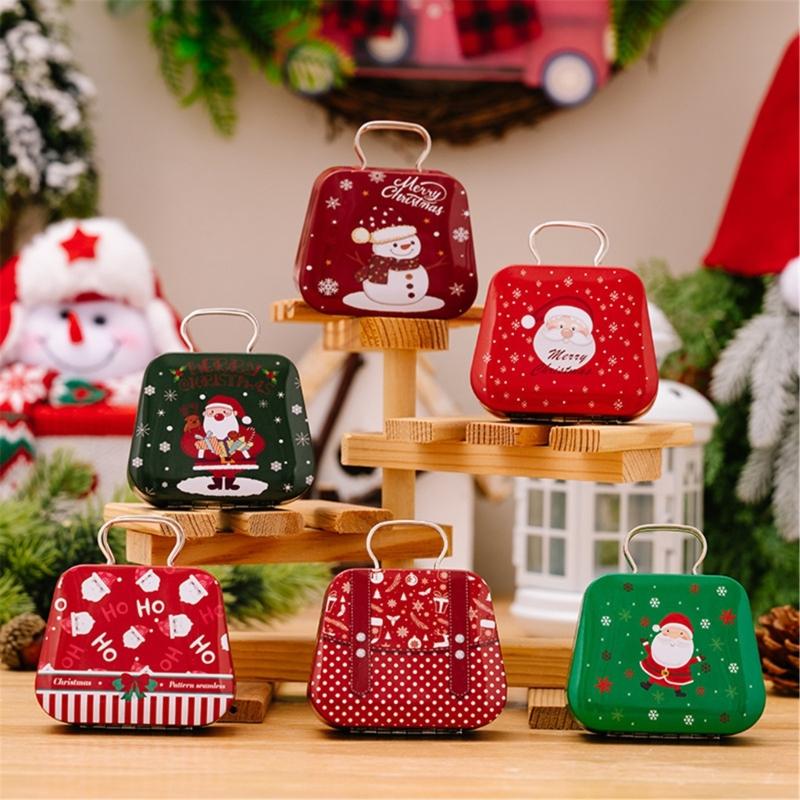 2Pcs Portable Christmas Iron Candy Container Christmas Cheer Candy Holders Snacks Case with Colorful Seasonal Pattern
