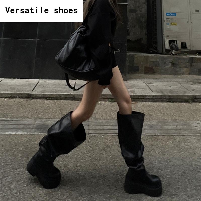 Winter Chunky Women Knee High Boots Fashion Slip On Pleated Long Booties Square Heels Party Dress Ladies Shoes