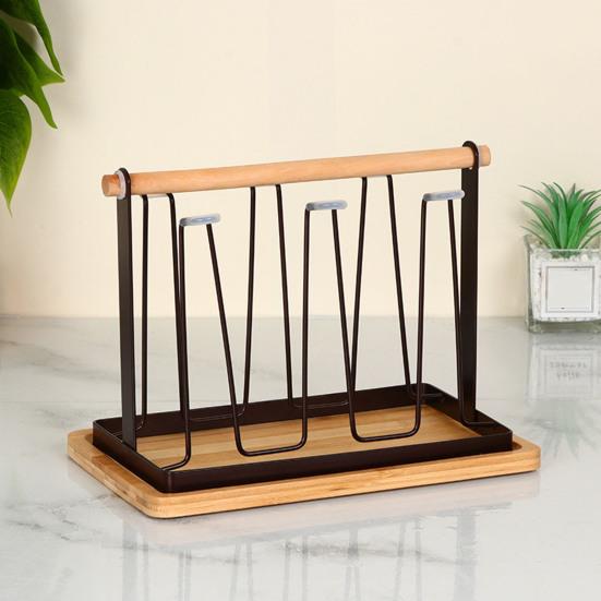 Iron Cup Drying Rack with Wood Handle & Drip Tray Baby Bottle Dryer Holder Space-Saving Countertop Organizer for Mugs