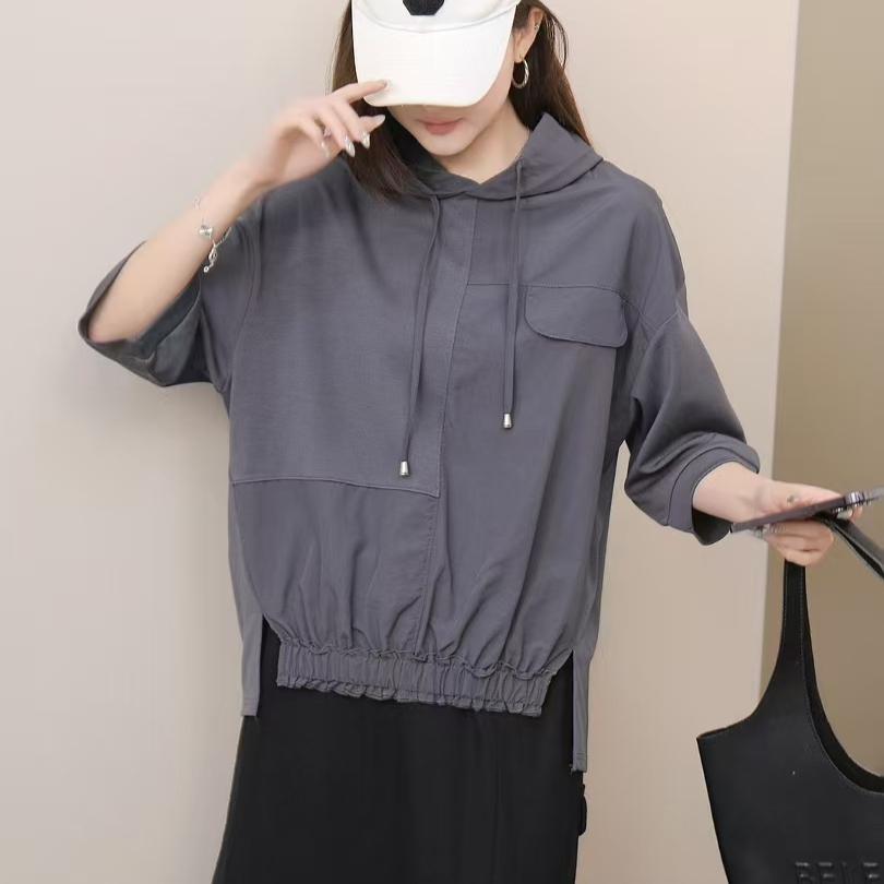 DIMANAF 2025 Mărimi Mari Vară cu Glugă Solidă Pălărie Alb Tricou Femei Mânecă Scurtă Larg Topuri Tricouri