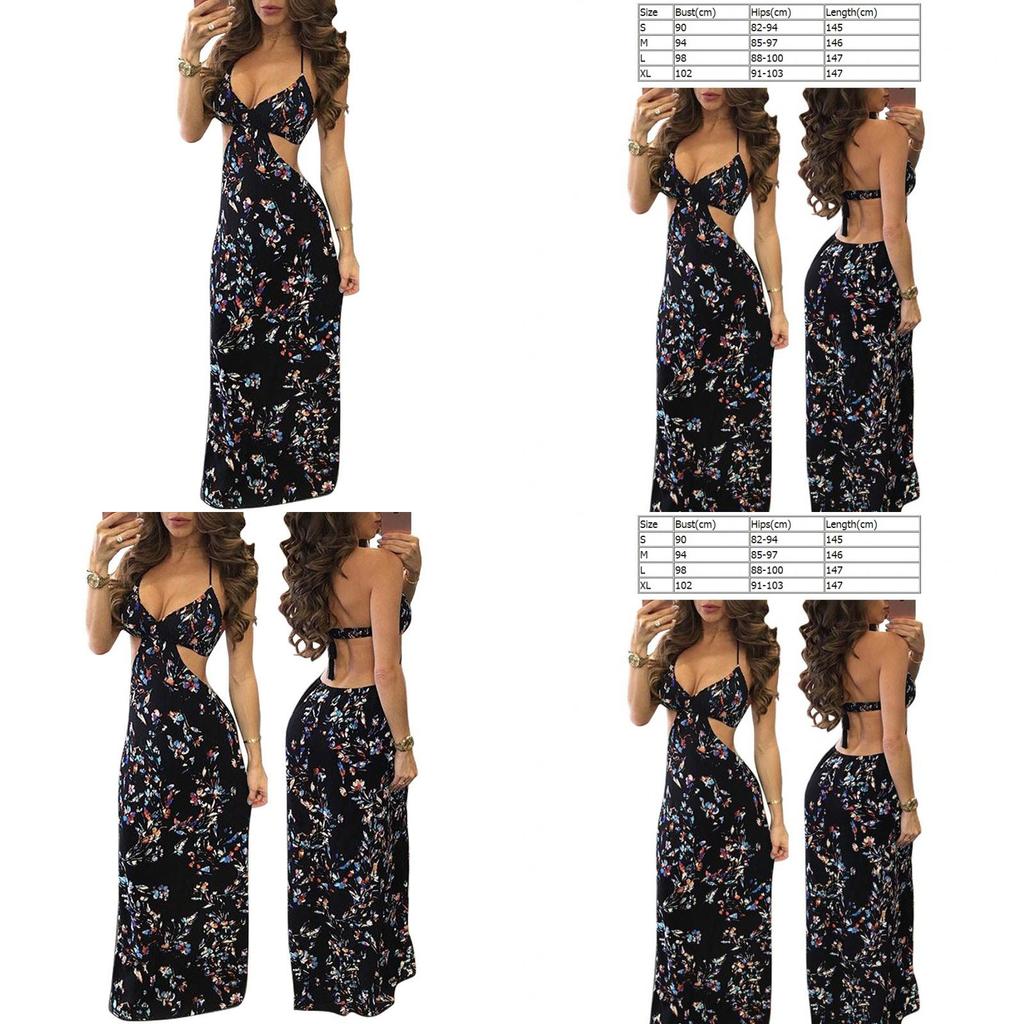 Damen Sexy Schwarzes Floral Maxikleid Mit Cut-Out Design Perfekt Für Boho Strandurlaube