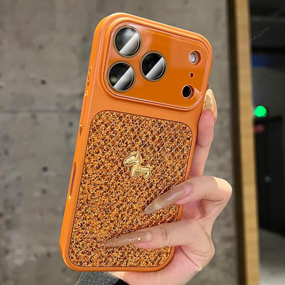 Official Horse Phone Case For iPhone 15 14 13 16 17 Pro Max 17Pro 16Pro Bling Bling Glitter Camera Shockproof Protector Cover