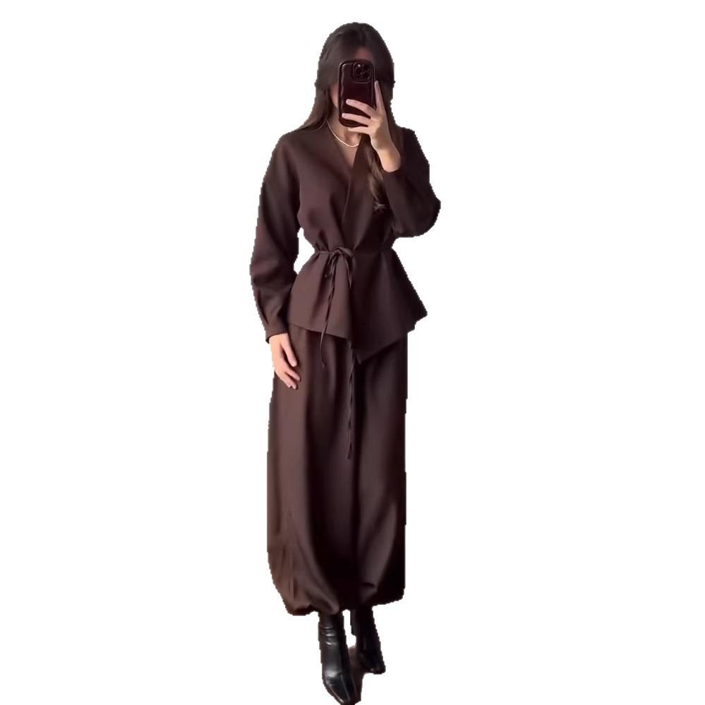 Cross-border Europe, America, Amazon 2025 autumn new suit V-neck lace-up long-sleeved jacket loose lantern trousers set