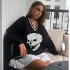 Damen Pullover mit Langarm-Print, Weich, V-Ausschnitt, Locker, Koreanischer Preppy-Stil