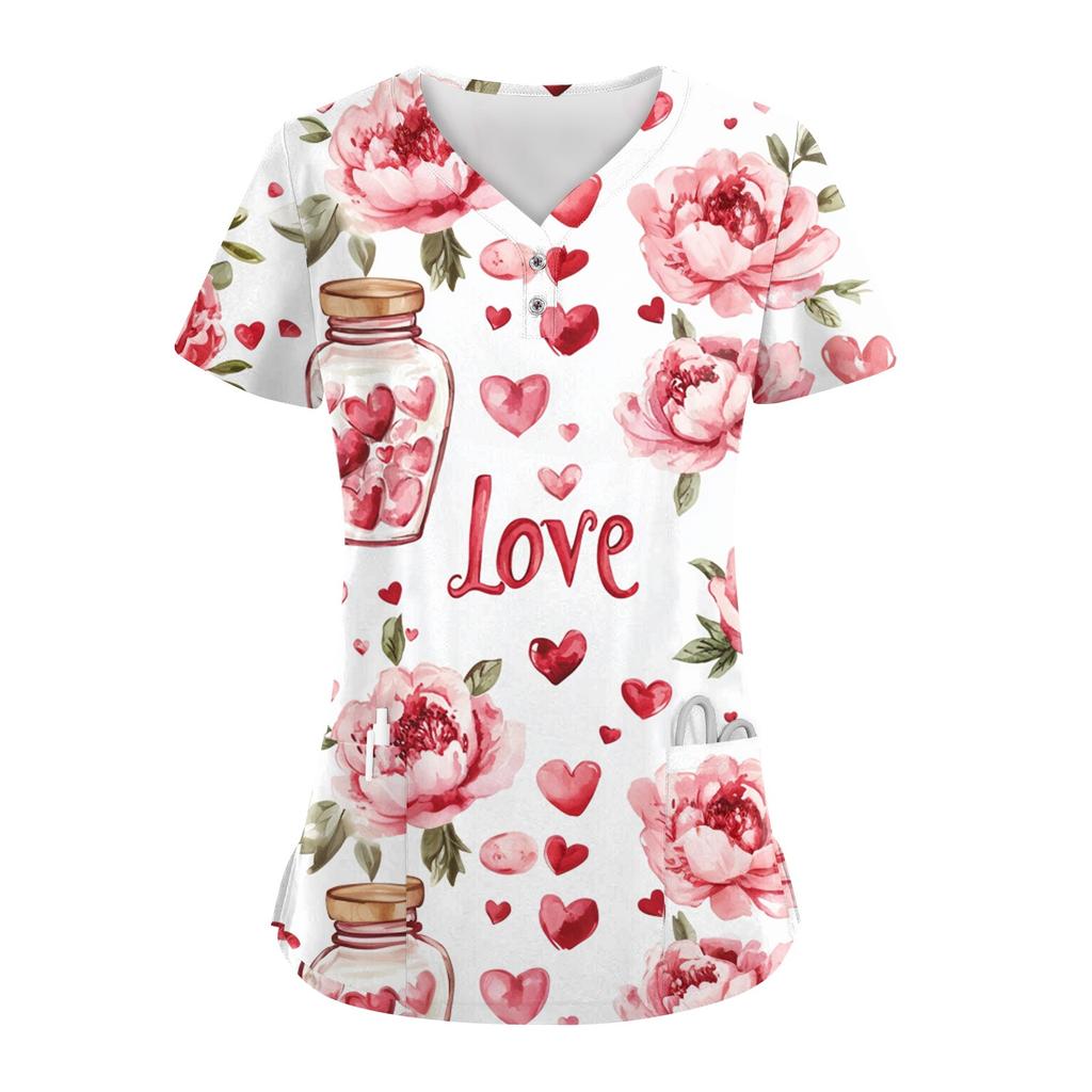 Damen-Oberteil mit Knopfleiste und V-Ausschnitt, modisch, lässig, mit Weihnachts- und Valentinstags-Print, Top für Krankenschwestern, Kasacks für Damen, 2 Taschen