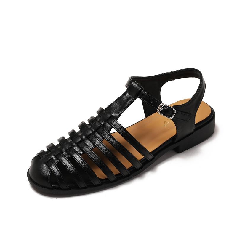 Women's Sandals Summer Baotou Square Head Retro Sandals Women's Summer New Fashion Thick Heel Outer Wear Woven Roman Sandals