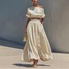 2026 European and American Cross-border Summer New Solid Color Simple Wind Off-the-shoulder Short Top Pleated Long Skirt Two-piece Set